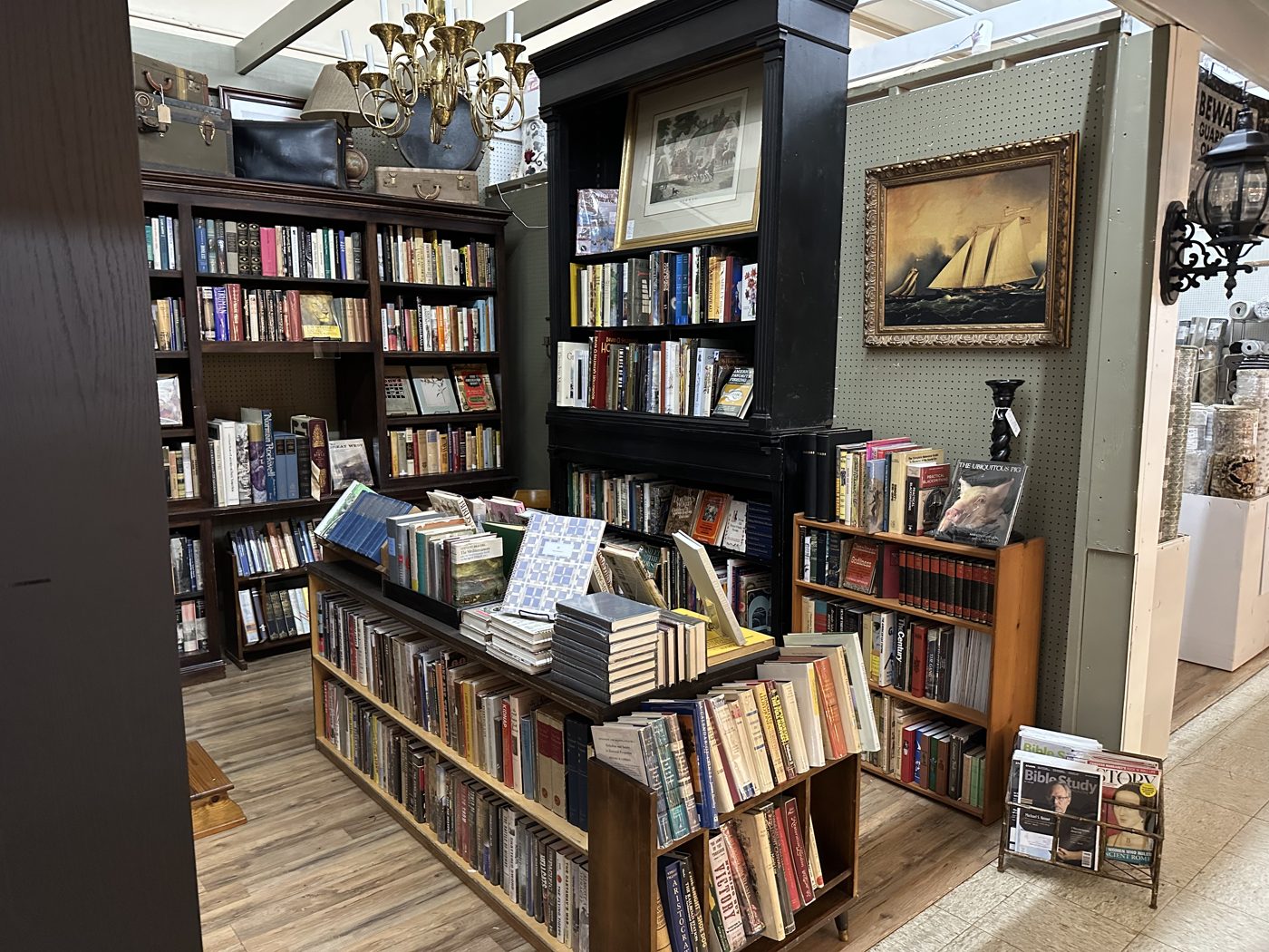 The booth's shelves and a framed painting, with books displayed face-out